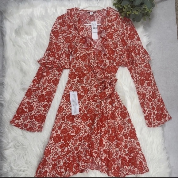 NEW Topshop Orange and Cream Ruffle Long Sleeve Mini Dress 4. - Picture 4 of 6